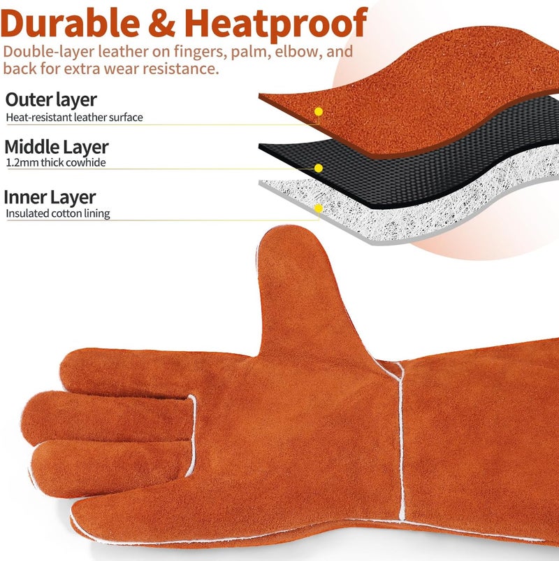 vclpower Welding Gloves Fire Heat Resistant 14IN Fireproof Leather for Welding Fire Pit Wood Stove Campfire Furnace BBQ Baking,Grill Oven Stick Mig Tig Gear Gift for Man L - Image 3